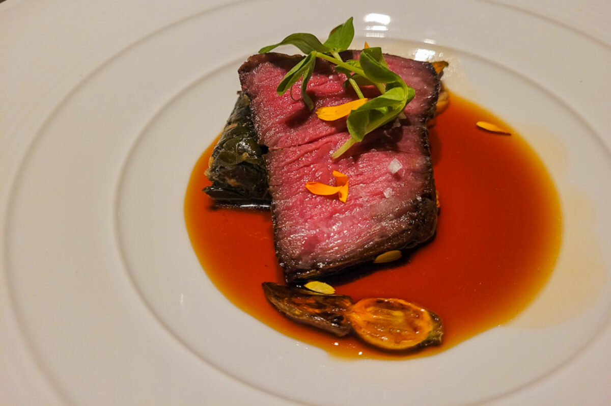Beef, Squash, Maitake and Umeshu Consommé on the opening menu at Cyrus restaurant in Geyserville. (Heather Irwin / Sonoma Magazine)