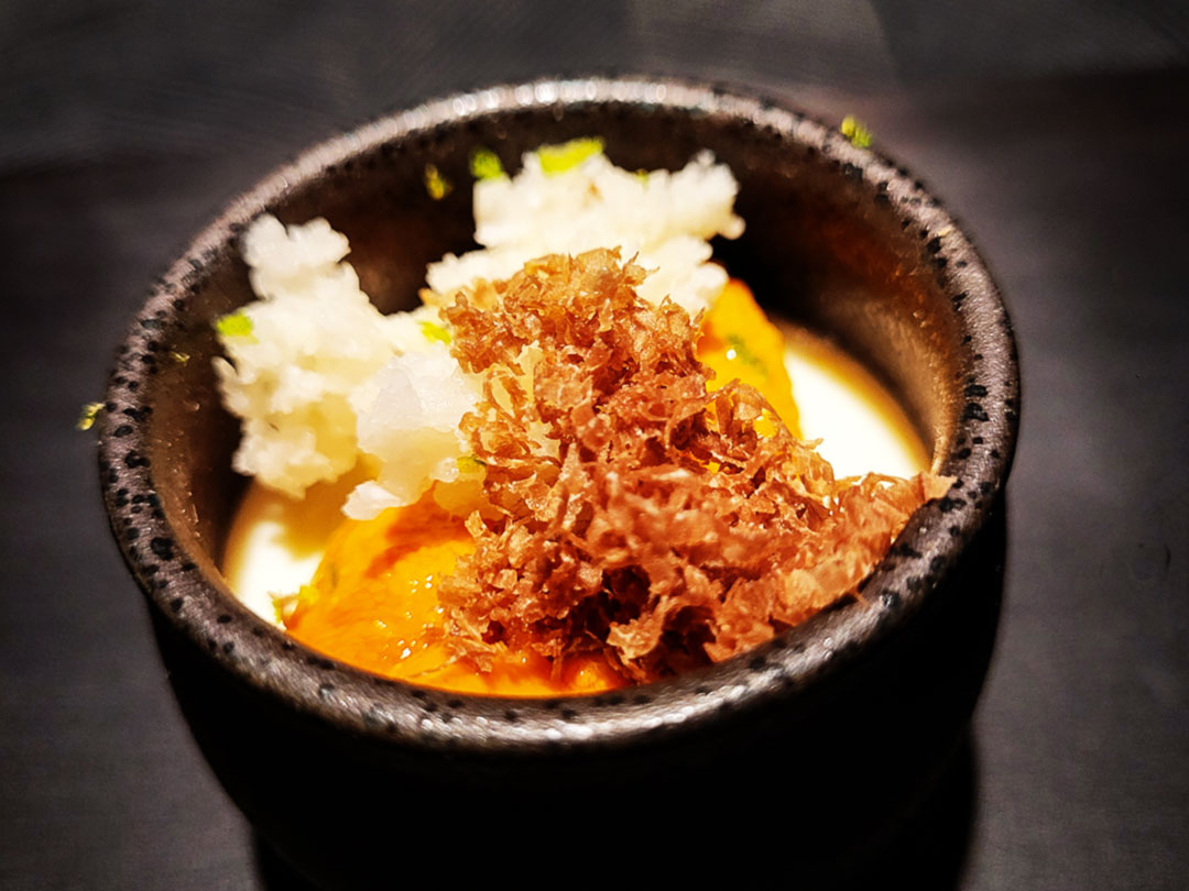Uni, Cauliflower and Sudachi on the opening menu at Cyrus restaurant in Geyserville. (Heather Irwin / Sonoma Magazine)