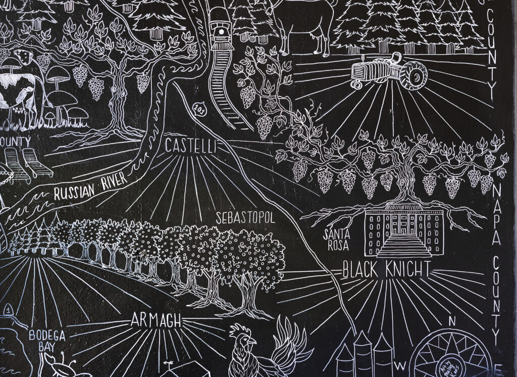 Artwork in the Pax Winery tasting room at The Barlow in Sebastopol. (John Burgess/Sonoma Magazine)