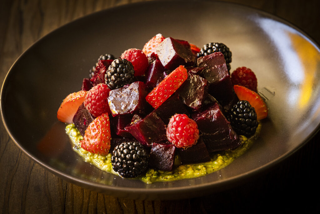 Beets with berries and pistachio butter from The Farmstand at the Farmhouse Inn in Forestville Tuesday, August 16, 2022. (John Burgess/The Press Democrat)
