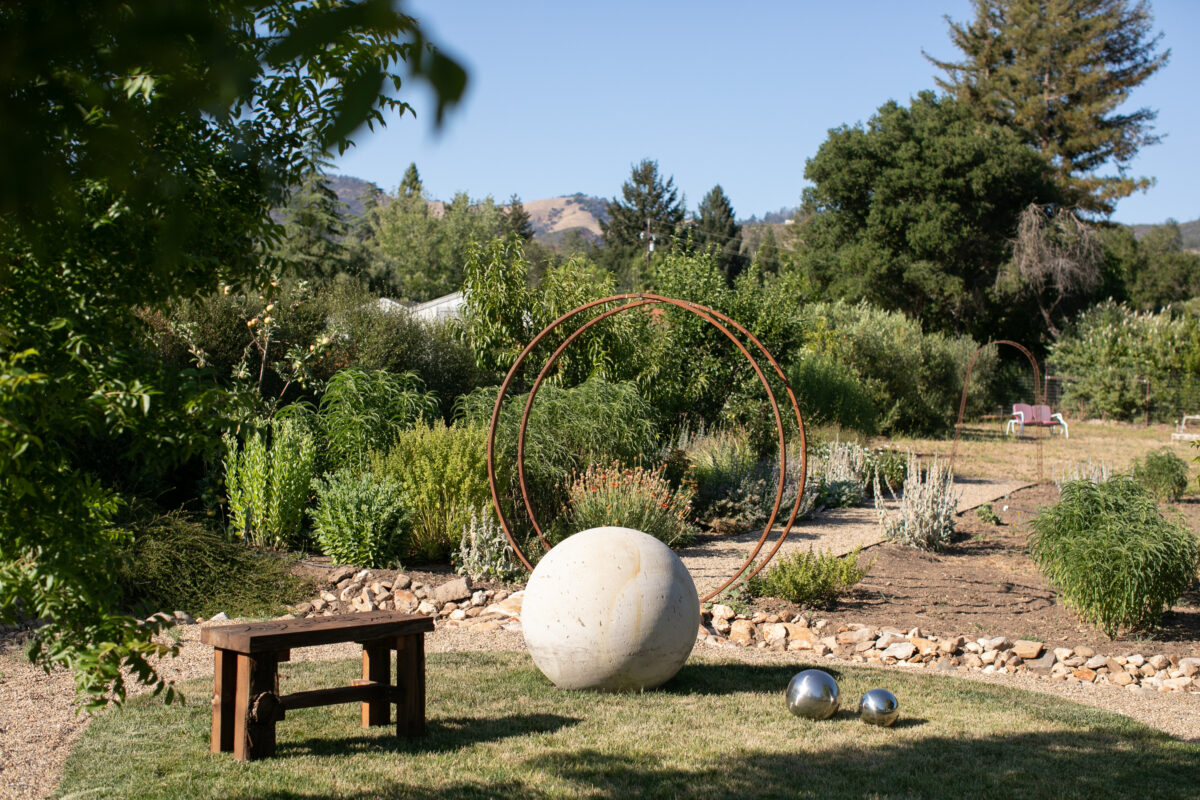 Glen Ellen residents Lauri and Tim Dorman live in a modern prefab home. The garden design includes modern sculptures and pollinator-friendly plants. (Eileen Roche/For Sonoma Magazine) 