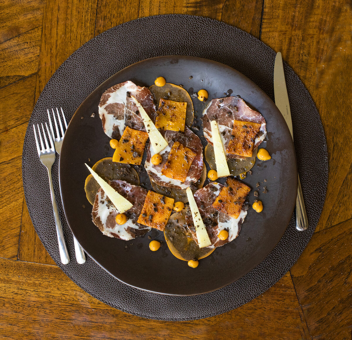 Romano-Palmer Coppa with honeynut squash, Palmer estate fig, smoked manchego and apple reduction from the Dry Creek Kitchen in Healdsburg on Tuesday, November 17, 2021. (John Burgess/The Press Democrat)