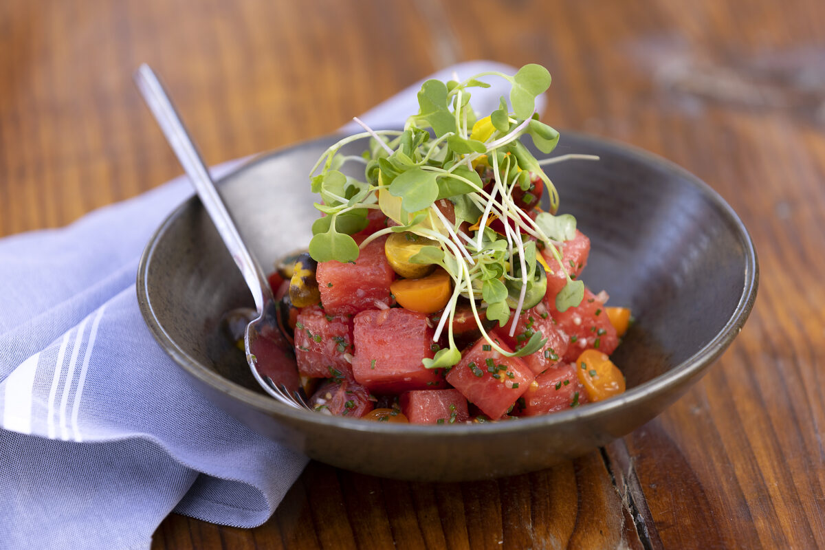 Watermelon and Tomato Salad from Kivelstadt Cellars and Winegarten in Sonoma. (John Burgess/The Press Democrat)