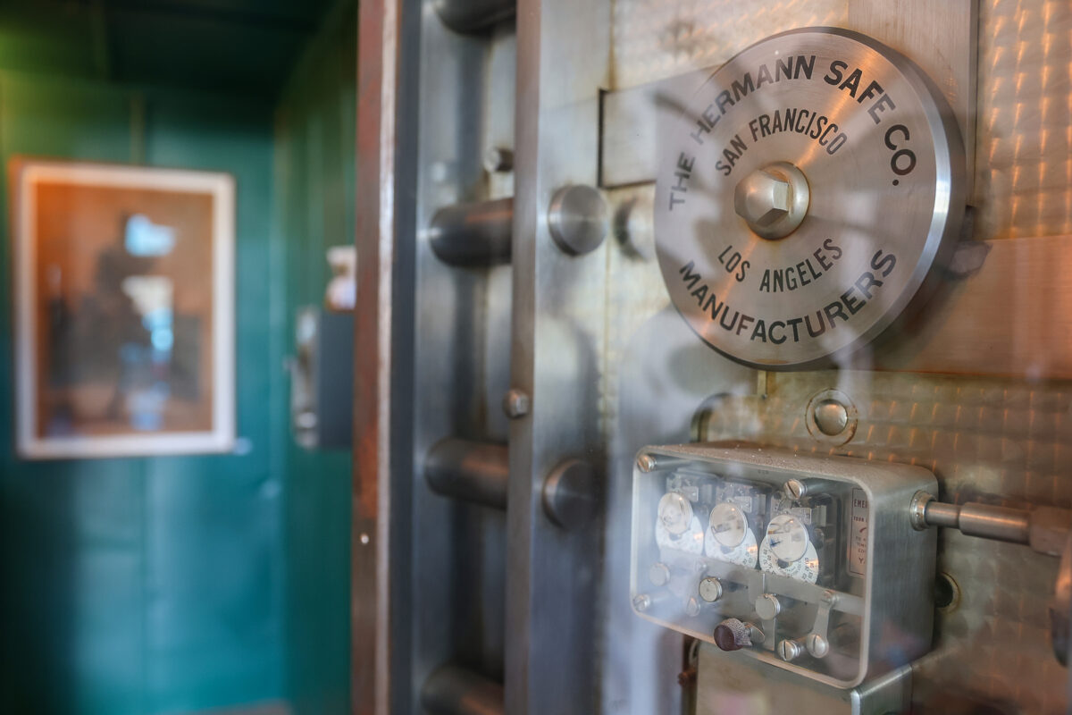 An old bank vault door is still in place at the Bannister Wines tasting room in Geyserville on Thursday, October 6, 2022. (Christopher Chung/The Press Democrat)