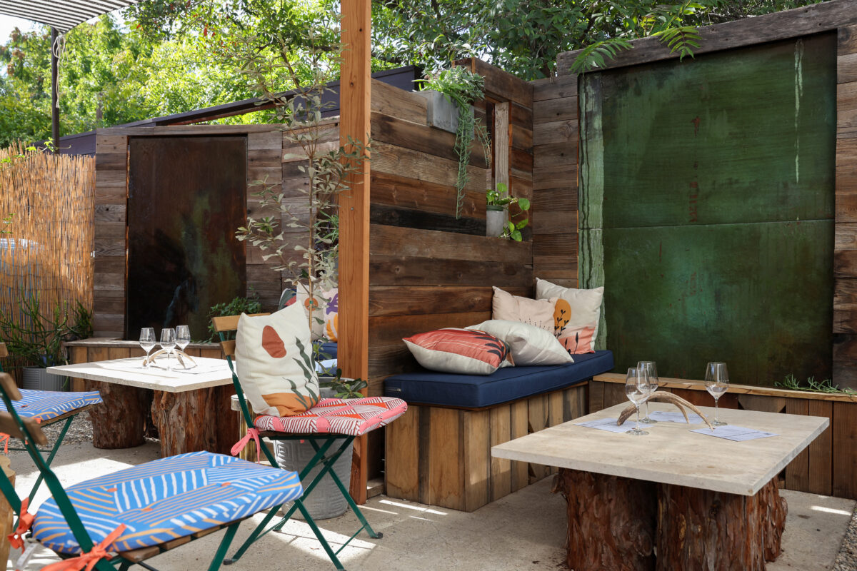 The outdoor patio seating area at Bannister Wines tasting room in Geyserville on Thursday, October 6, 2022. (Christopher Chung/The Press Democrat)