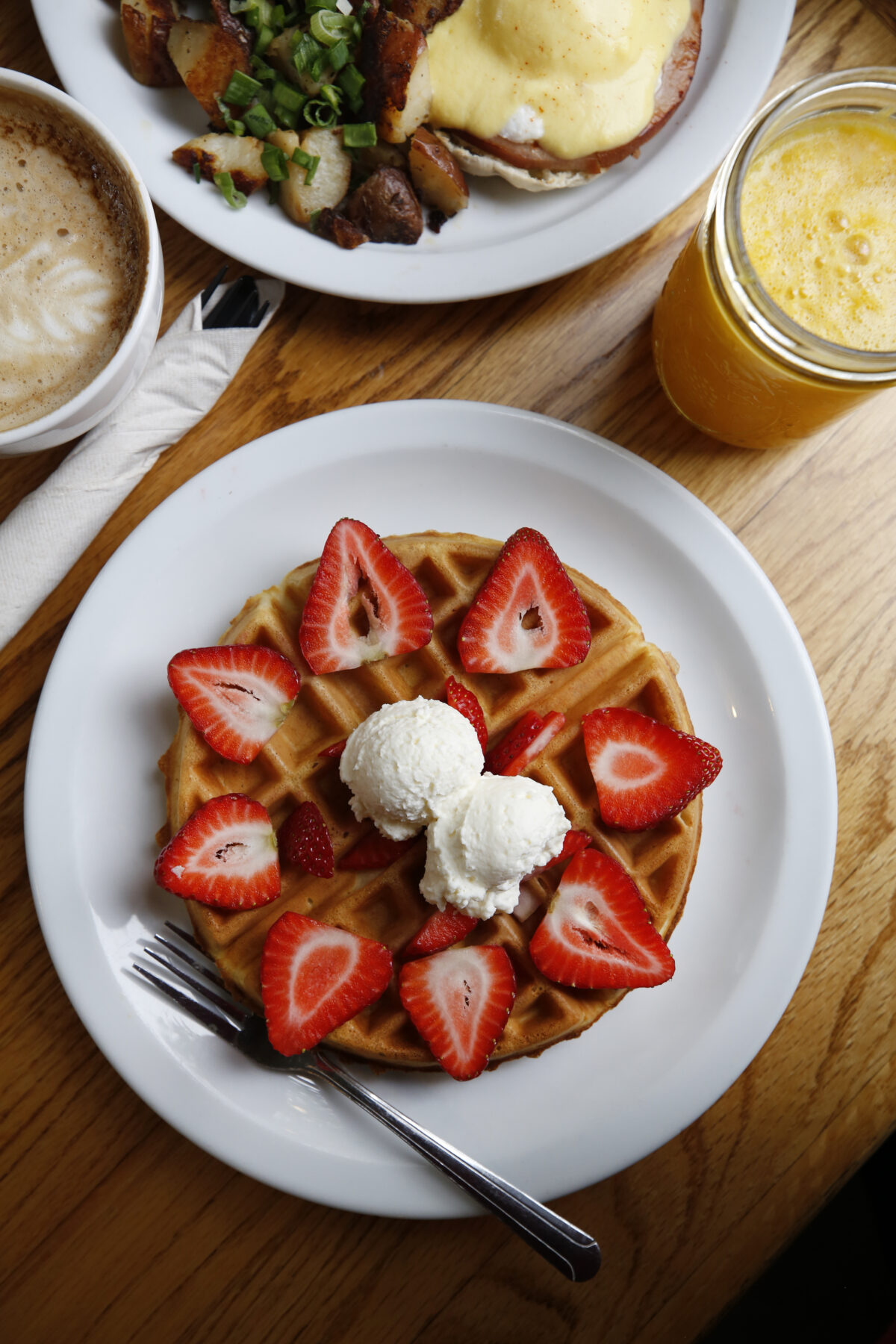 The Belgian waffle with strawberries and cream, the original Eggs Benedict, freshly squeezed orange juice and a cappuccino at the Howard Station Cafe in Occidental. (Beth Schlanker / Sonoma Magazine)