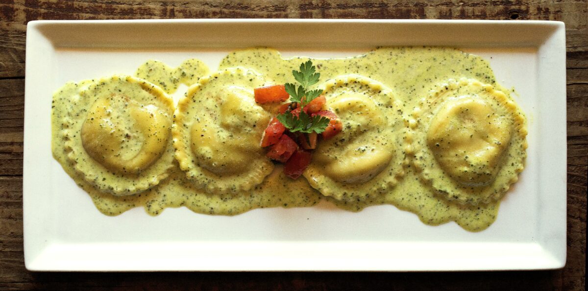 Shitake Mushroom Ravioli in a pesto garlic sauce from owner/chef José Pelayo of Piacere Italian Steak & Seafood in Cloverdale. (John Burgess/The Press Democrat).