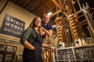 Spirit Works Distillery owners Timo and Ashby Marshall are celebrating their 10-year anniversary making gins, whiskeys and vodka in Sebastopol’s Barlow September 30, 2022. (John Burgess/The Press Democrat)