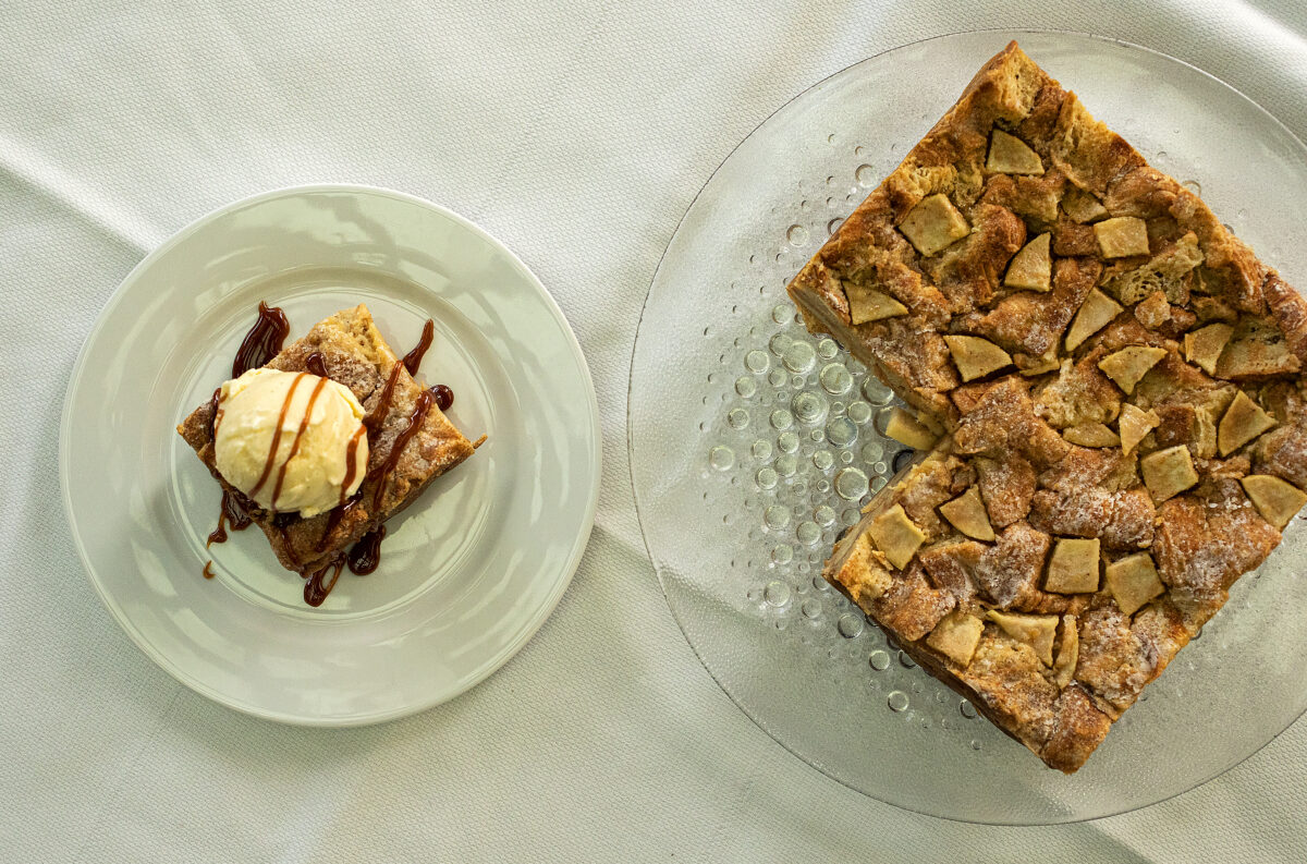 Pear Bread Pudding, made with croissants and covered in a salted caramel with vanilla gelato from John Ash & Co. pastry chef Casey Stone on Wednesday, December 9, 2020. (Photo by John Burgess/The Press Democrat)