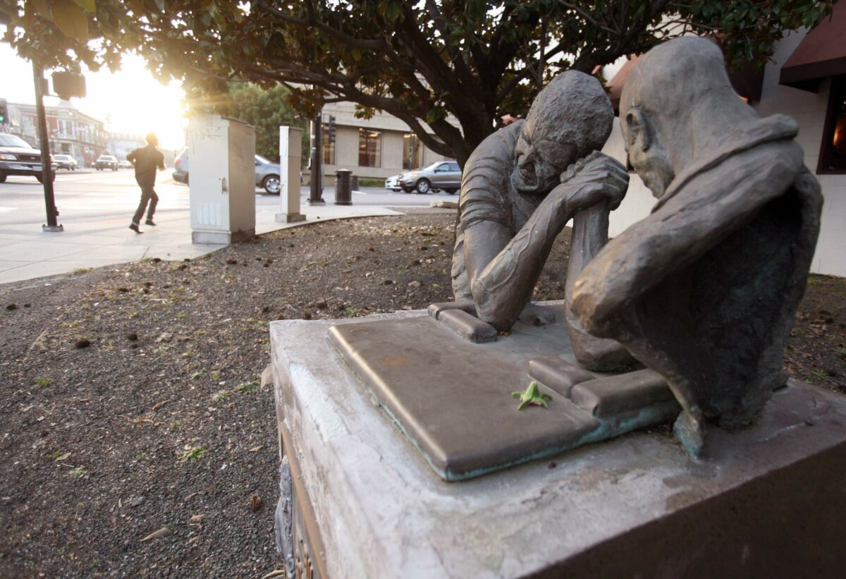 The Bill Soberanes wrist wrestling stature at the corner of East Washington and Petaluma Blvd. North. (Scott Manchester/Petaluma Argus-Courier)