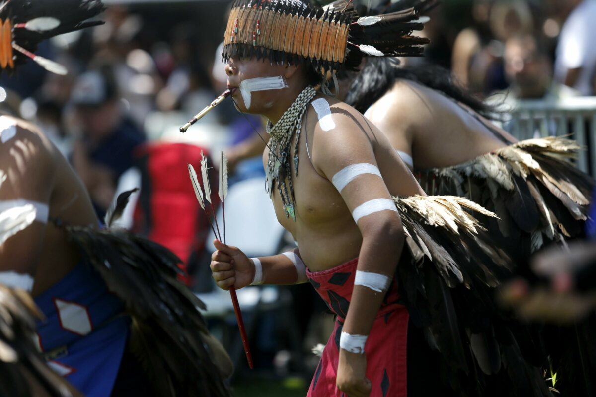 Members of the group Elem Xemfo Dancers perform during the Native American Spring Celebration on the Santa Rosa Junior College campus Sunday, May 6, 2018 in Santa Rosa. (Beth Schlanker/The Press Democrat)