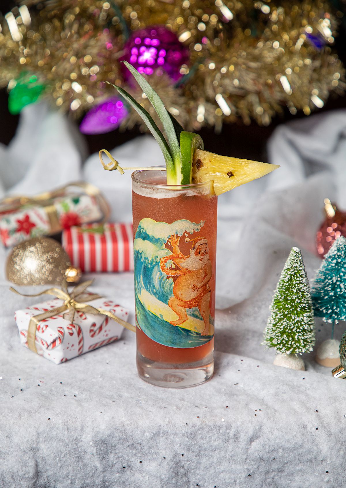 Jingle Bird cocktail (bourbon, pineapple rum, Campari, lime, pineapple, and jingle mix) on the Sippin’ Santa menu at the Lazeaway Club at Santa Rosa’s Flamingo Resort. (Courtesy Sippin’ Santa)