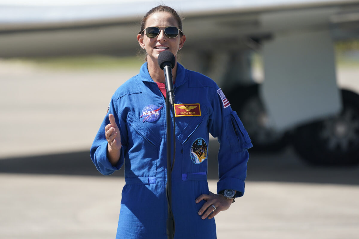 NASA astronaut Nicole Mann makes comments during a news conference after arriving with the Crew5 SpaceX astronauts at the Kennedy Space Center in Cape Canaveral, Fla., Saturday, Oct. 1, 2022. The SpaceX launch is scheduled for Wednesday. (AP Photo/John Raoux)