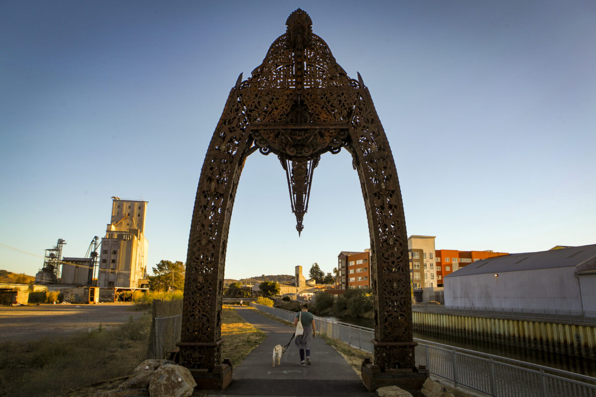 The River Arch, a metal sculpture by renowned local artist David Best stands at Lynch Creek Trail alongside the Petaluma River. (Crissy Pascual/Petaluma Argus-Courier) 