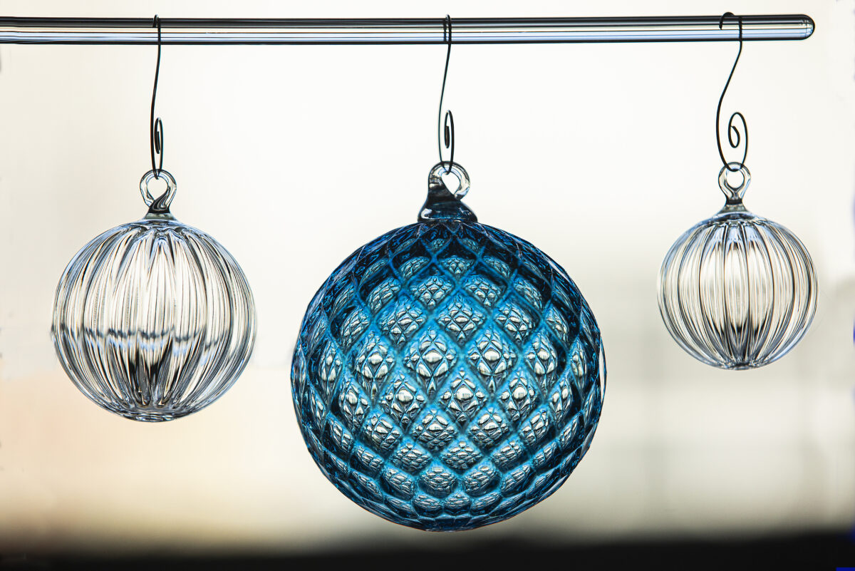 Handblown glass ornaments from Michael Dickinson of Dickinson Glass Studio and Showroom in Sebastopol's The Barlow. (John Burgess / The Press Democrat)