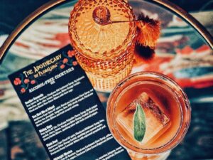 Bonfire Serenade at Flora Luna Apothecary in Petaluma features apple cider, fig balsamic reduction, FloraLuna Old Fashioned Syrup and Bacon Faux-bacco Bitters with aromatics from fresh sage, and Free Spirits alcohol-free Bourbon. (Phaedra Achor)