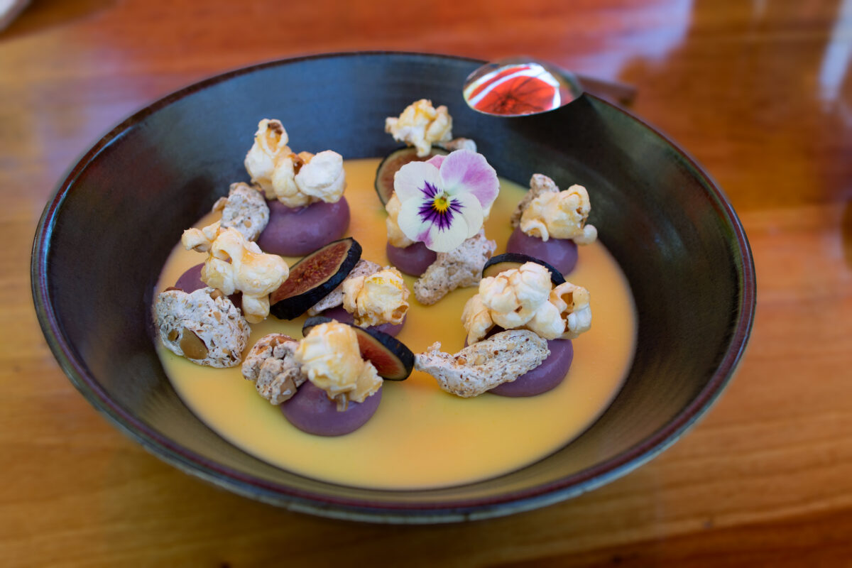 Corn pudding with blackberry curd, and caramel corn at Kivelstadt Windgarten in Sonoma. (Heather Irwin/Sonoma Magazine)