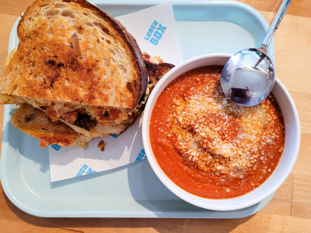 Tomato soup and a grilled kimchi and cheese sandwich from Lunch Box restaurant in Sebastopol. (Heather Irwin/Sonoma Magazine)