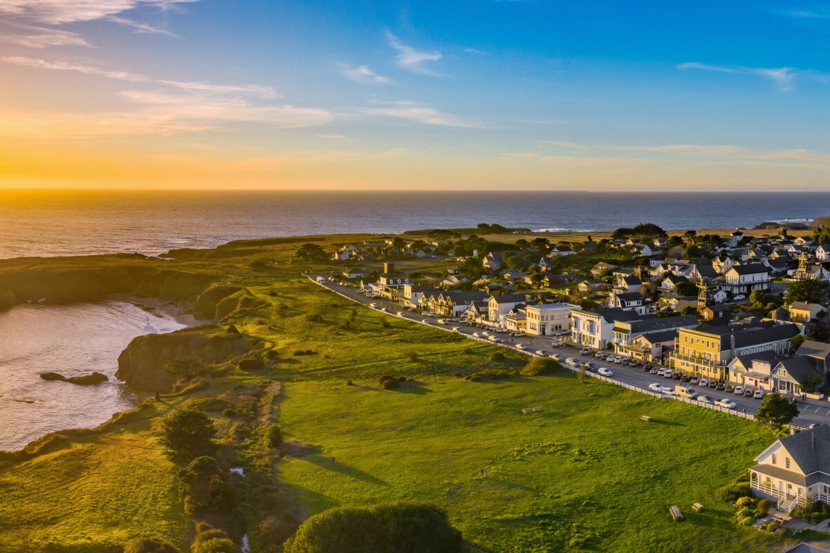 sunset over costal town
