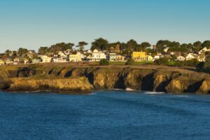 Panorama of the town Mendocino. An historic town on the northern California coast popular with tourists.
