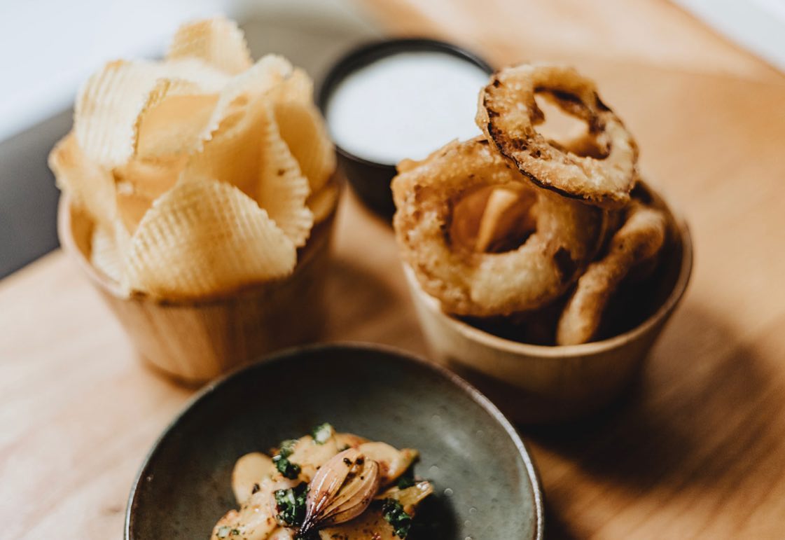 Delicata Squash Rings with Truffle Caviar Dip; and Gaufrette Chips at Table Culture Provisions in Petaluma. (Table Culture Provisions)