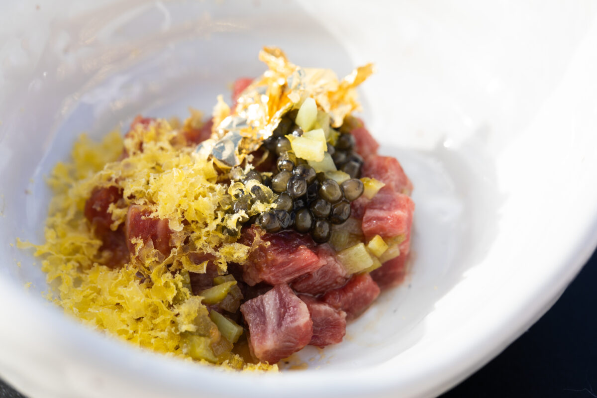 Beef tartare pairing prepared by Chef Daniel Beal at Jordan Vineyard & Winery in Healdsburg. (Kendall Busby)