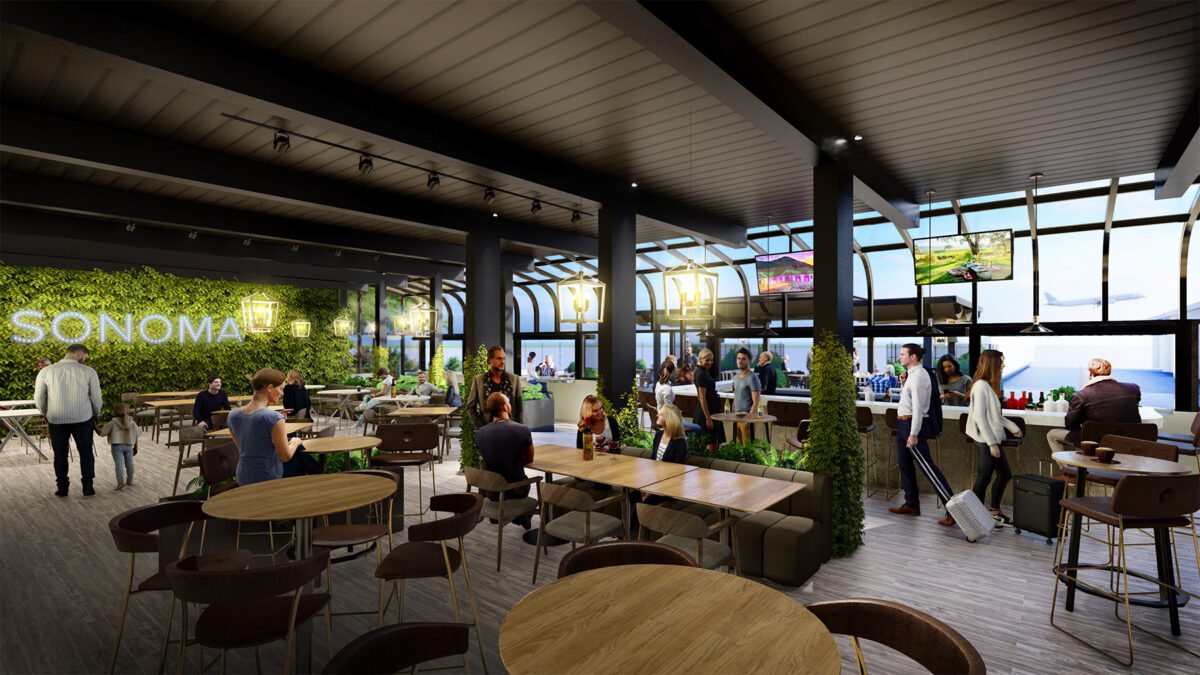 Initial renderings of proposed remodels at Flying Ace Kitchen + Taproom restaurant at the Charles M. Schulz Sonoma County Airport. (Images provided by SSP America)