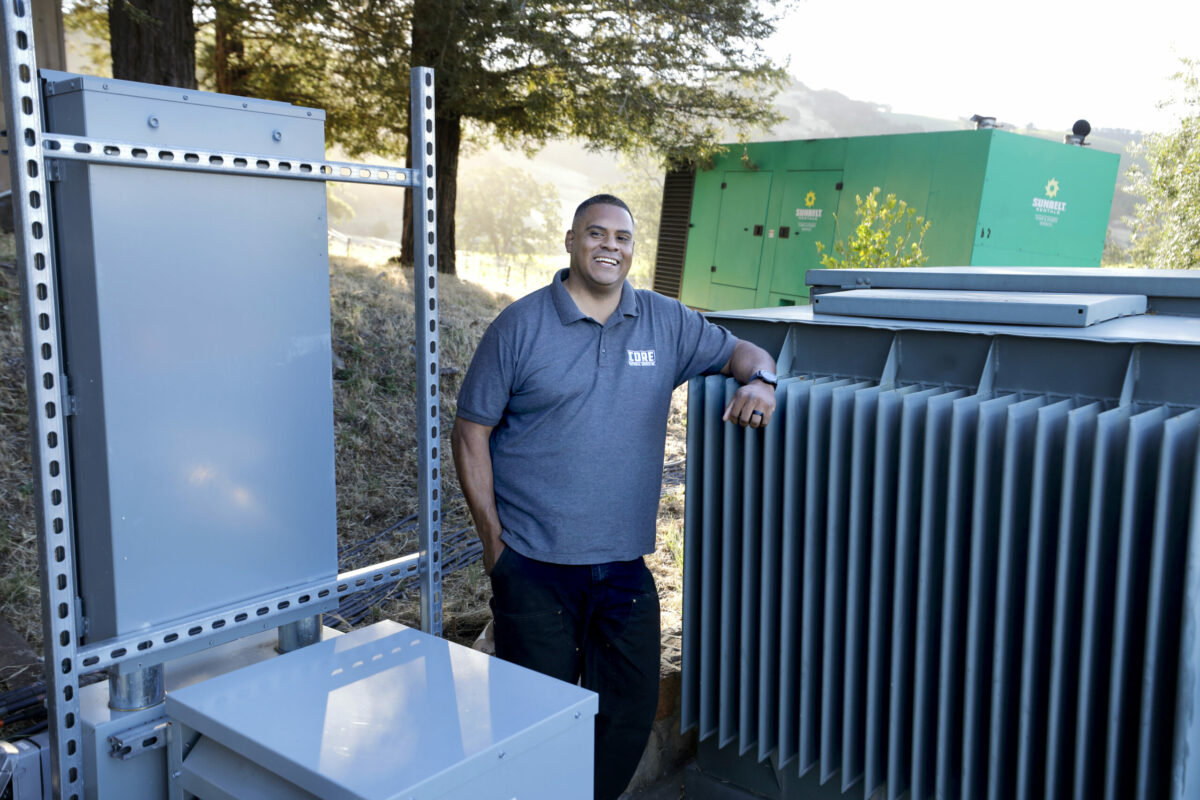 Chris Perez, owner of Core Electrical Services, at a job site in Kenwood, Calif., on Thursday, June 16, 2022. (Beth Schlanker/The Press Democrat)