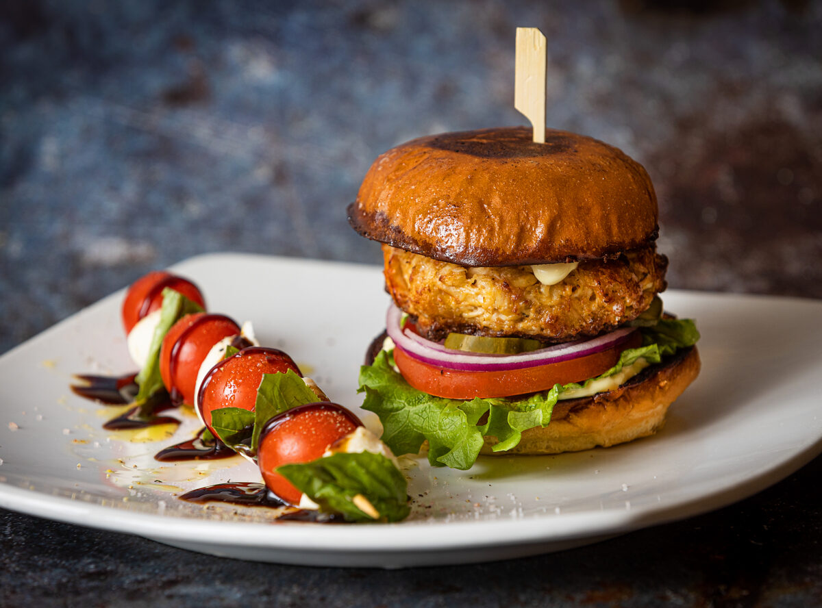 The Crab Cake Sammy with a Caprese Skewer side from Vine Burgers in Santa Rosa. (John Burgess/The Press Democrat)