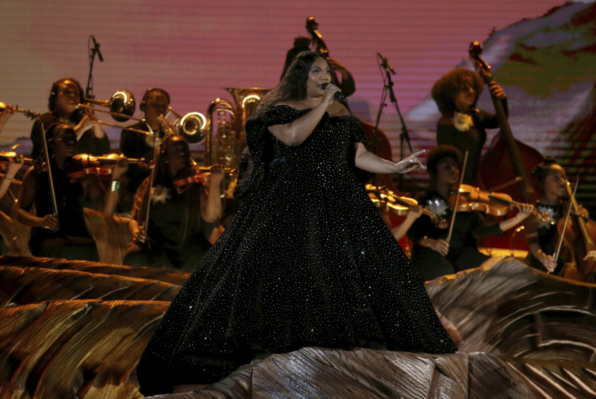 Lizzo performs at the 62nd annual Grammy Awards on Sunday, Jan. 26, 2020, in Los Angeles. (Photo by Matt Sayles/Invision/AP)