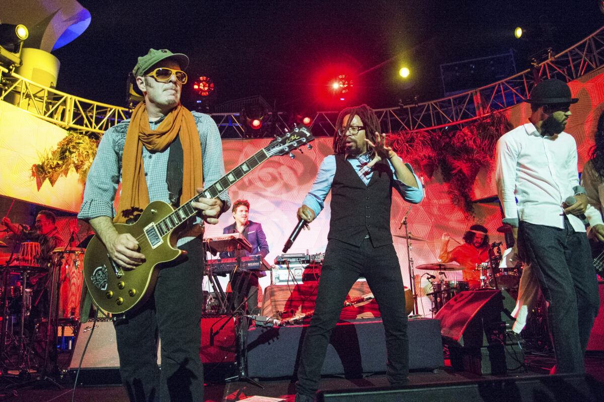 Rob Myers, left, and Mr. Lif of Thievery Corporation perform on board the Norwegian Escape during day 2 of the Summit at Sea cruise on Thursday, Nov. 10, 2016 in Miami. (Photo by Amy Harris/Invision/AP)