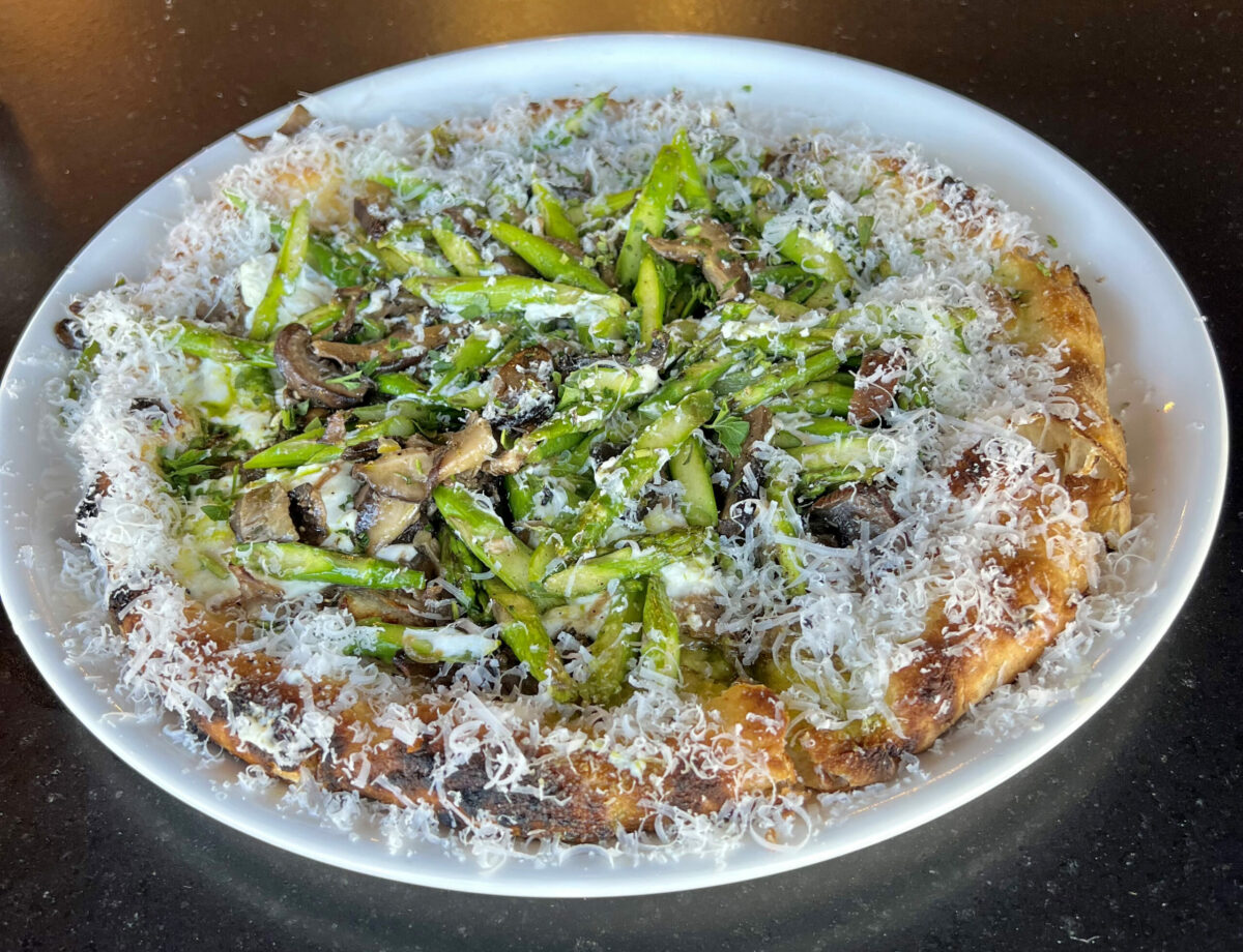 Spring Pizza with asparagus and mushrooms at Il Fuoco in Sonoma. (Il Fuoco)