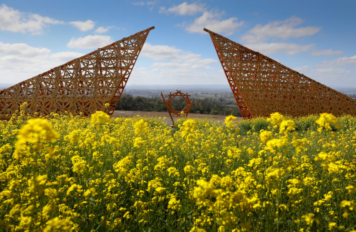 A portion of the art installation Empyrean, by Laurence Renzo Verbeck and Sylvia Adrienne Lisse, is on a hillside at Paradise Ridge Winery in Santa Rosa on Thursday, March 4, 2021. (Christopher Chung/ The Press Democrat)