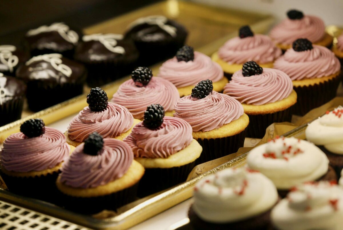 A variety of cupcakes in the case at Della Fattoria in Petaluma. (Beth Schlanker/The Press Democrat)