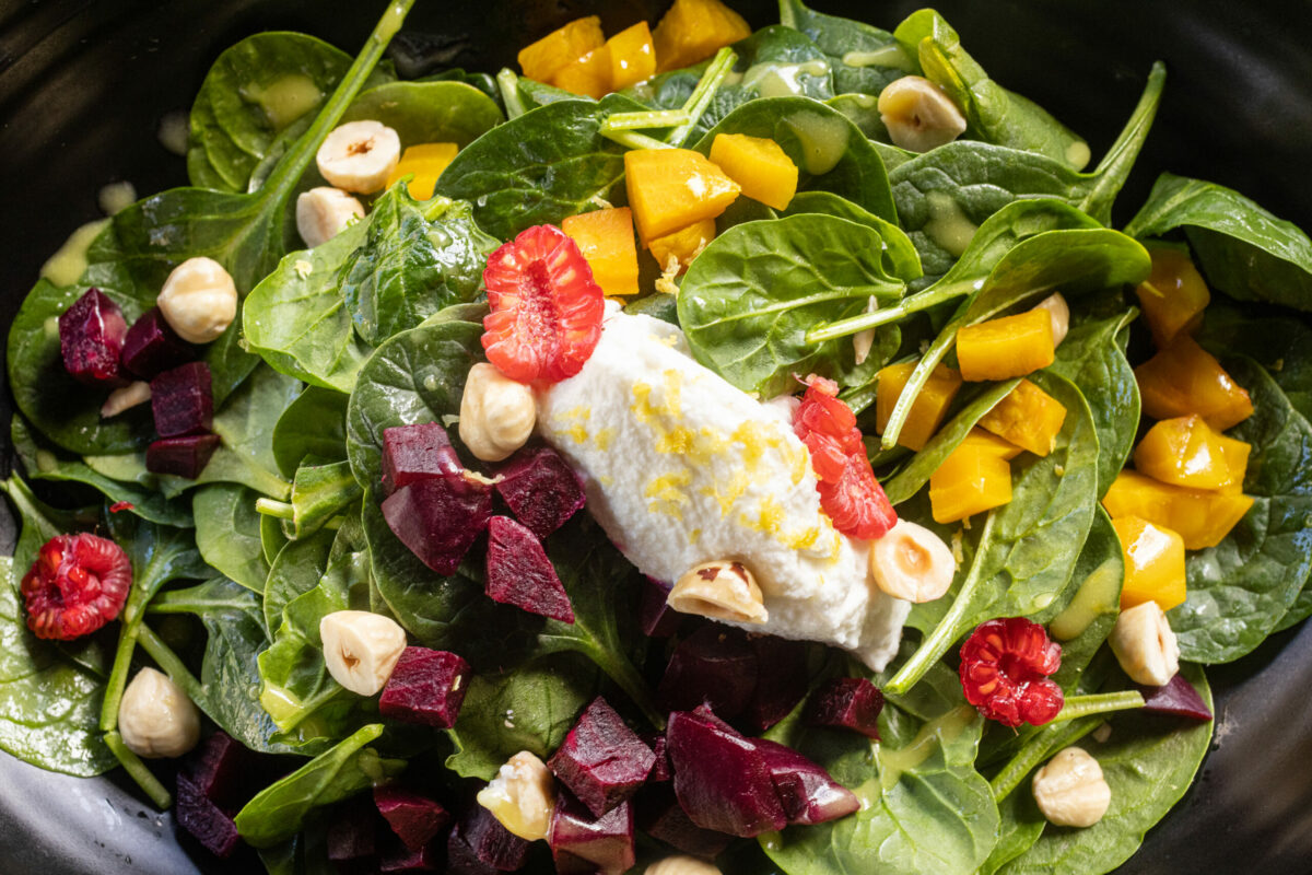 Spinach Salad with yellow and red beets, burrata hazelnut and raspberries from L'oro di Napoli in downtown Santa Rosa March 24, 2023. (John Burgess/The Press Democrat)