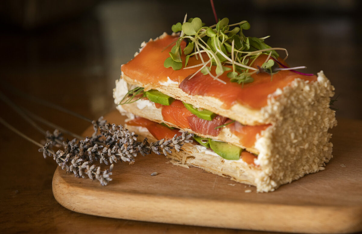 Salmon Millefeuille with avocado from the William Tell House in Tomales. (John Burgess/The Press Democrat)