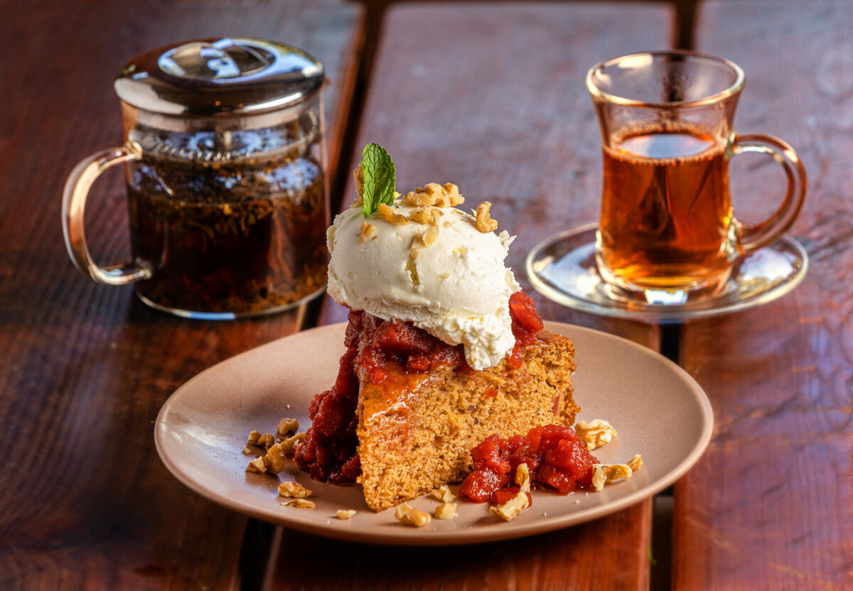 Pistachio Honey Cake with Tangerine Glaze & Whipped Cream from Piala Restaurant and Wine Bar in Sebastopol. (John Burgess/The Press Democrat)