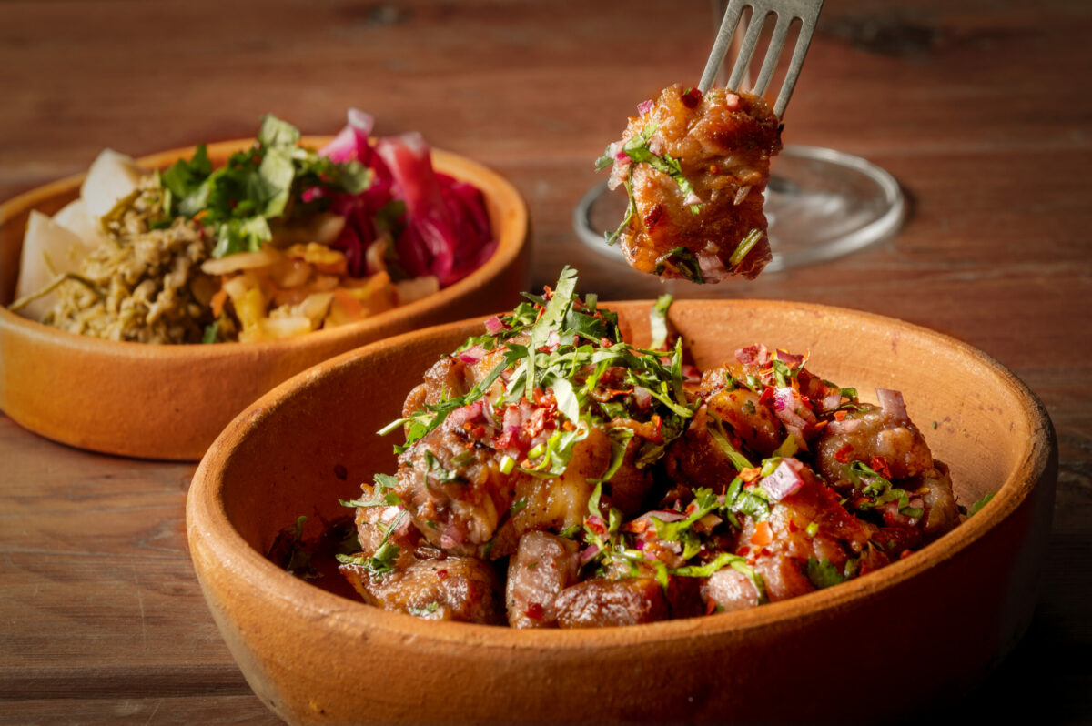 Mtsvadi, Grilled Pork Belly Tossed with Cilantro, Red Onion & Chili Flake from Piala Restaurant and Wine Bar in Sebastopol. (John Burgess/The Press Democrat)