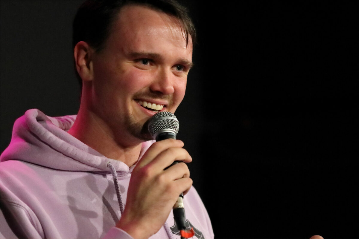 Comedian Pete Ballmer, of San Francisco, performs during the Don't Tell Comedy show at the Flamingo Resort, Thursday, February 9, 2023, in Santa Rosa. (Darryl Bush / For The Press Democrat)