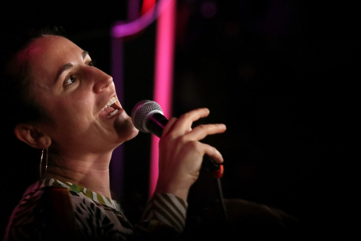 Comedian Emily Van Dyke, of San Francisco, performs during the Don't Tell Comedy show at the Flamingo Resort, Thursday, February 9, 2023, in Santa Rosa. (Darryl Bush / For The Press Democrat)