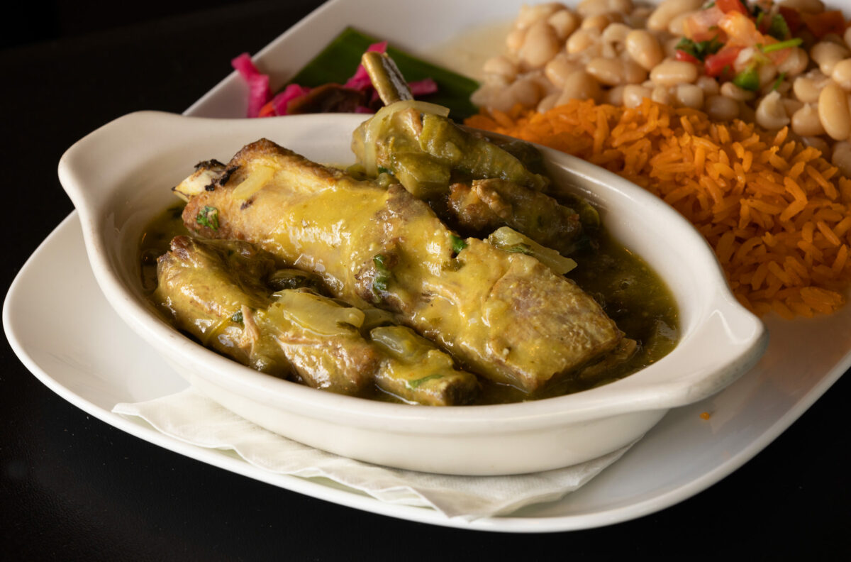 Costillas de Puerco con Nopales, pork ribs in a green tomatillo sauce with nopales, is served at El Milagro in Cloverdale, Wednesday, Nov. 23, 2022. (John Burgess/The Press Democrat)