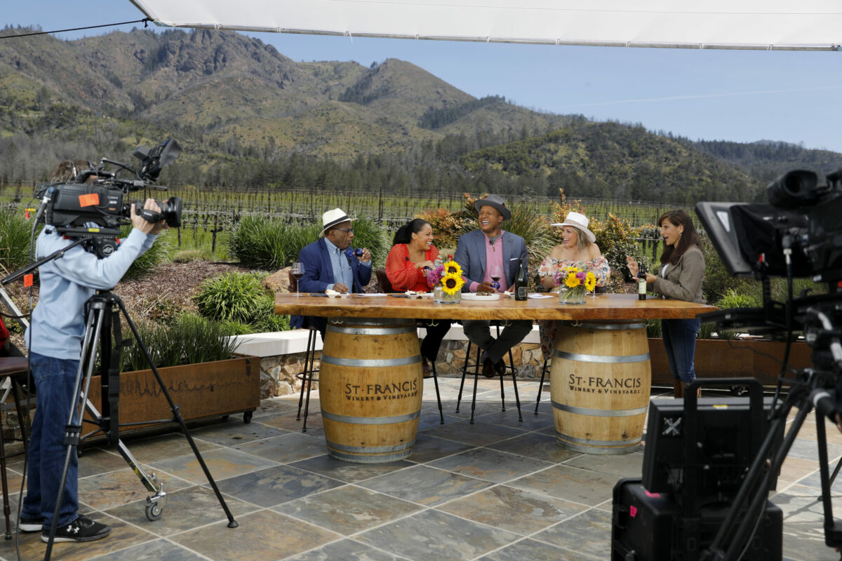 NBC's "Today" show third-hour co-hosts Al Roker, Sheinelle Jones, Craig Melvin and Dylan Dreyer do an olive oil tasting from the Dry Creek Olive Oil Co. during a taping for the morning show at St. Francis Winery in Santa Rosa, Thursday, April 20, 2023. (Beth Schlanker / The Press Democrat)