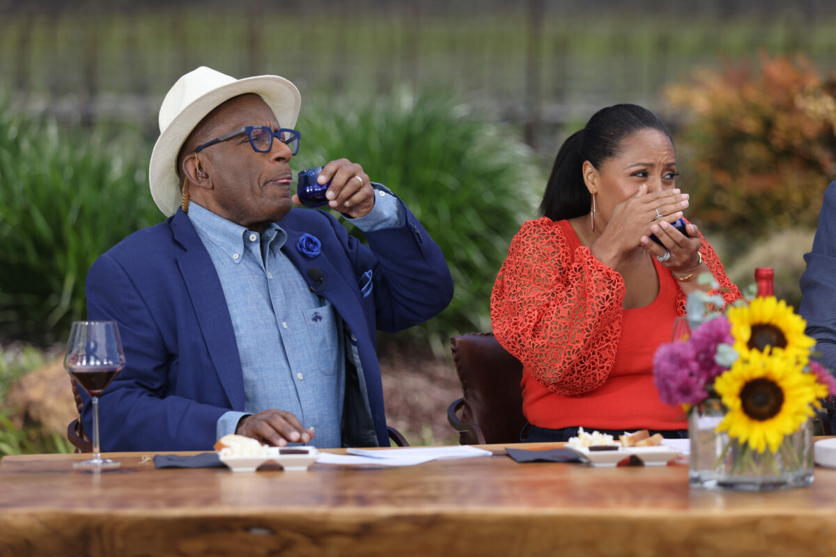 NBC's "Today" show third hour co-hosts Al Roker and Sheinelle Jones react during an olive oil tasting while taping the show at St. Francis Winery in Santa Rosa, Thursday, April 20, 2023. (Beth Schlanker / The Press Democrat)