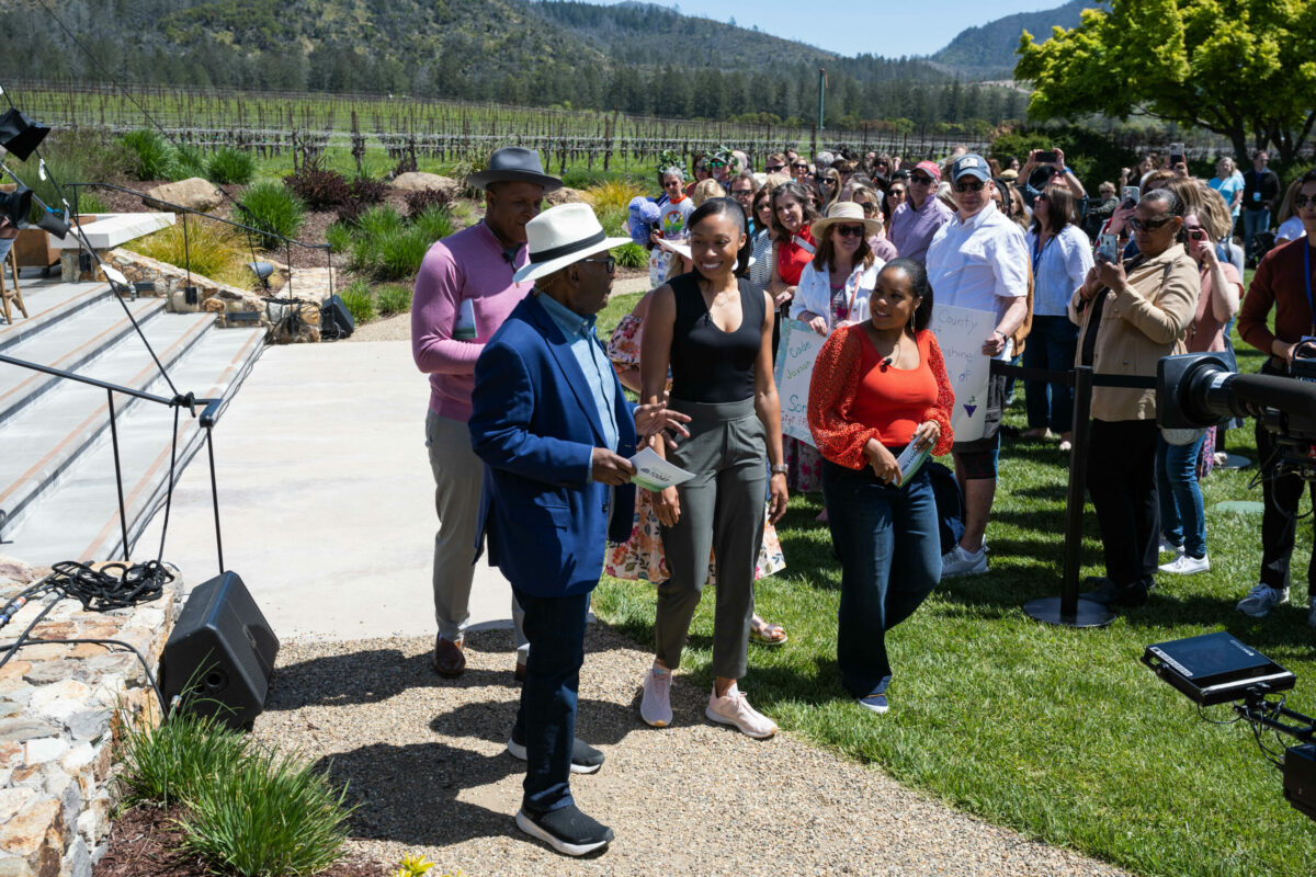NBC’s “Today” show third-hour co-hosts Al Roker, Sheinelle Jones and Craig Melvin chat with Olympian Allyson Felix during the taping of a special Sonoma County edition of the show at St. Francis Winery & Vineyards in Santa Rosa Thursday, April 20, 2023. (Nathan Congleton/NBC)