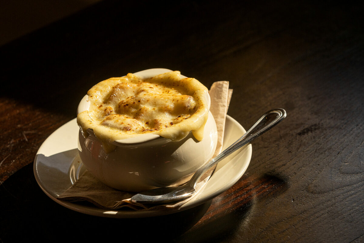 French Onion Soup from the new dinner menu at Americana in Santa Rosa April 13, 2023. (John Burgess/The Press Democrat)