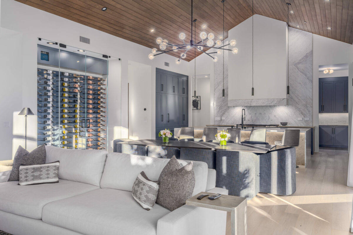 The kitchen has a wine cellar, a marble backsplash that extends to the cathedral ceiling, and room for gathering at the marble counter. (Provided by Carol Sebastiani of Sotheby's International Realty)