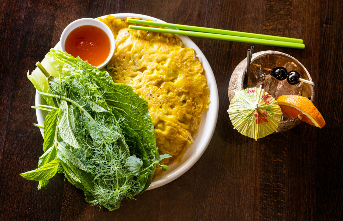 Savory Vietnamese Crepes with prawns, egg, coconut milk, bean sprouts, cabbage, cilantro, basil, romaine lettuce, mint from chef Tony Ounpamornchai’s Mandarin Kitchen in Montgomery Village in Santa Rosa Friday May 5, 2023. (Photo by John Burgess/The Press Democrat)