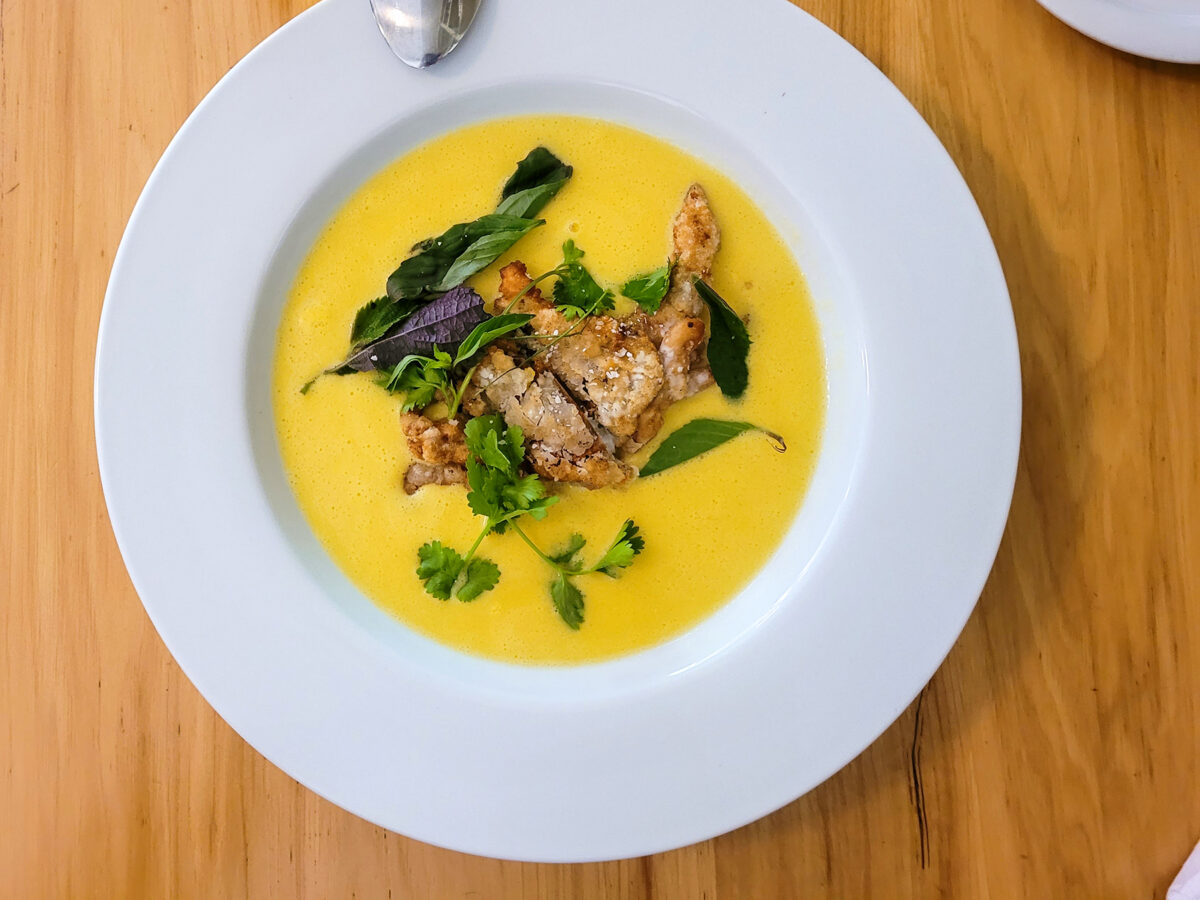 Soft shelled crab and corn soup at Chef Mark Malicki's Tea Room dinner series at the Tea House in Petaluma. (Heather Irwin)