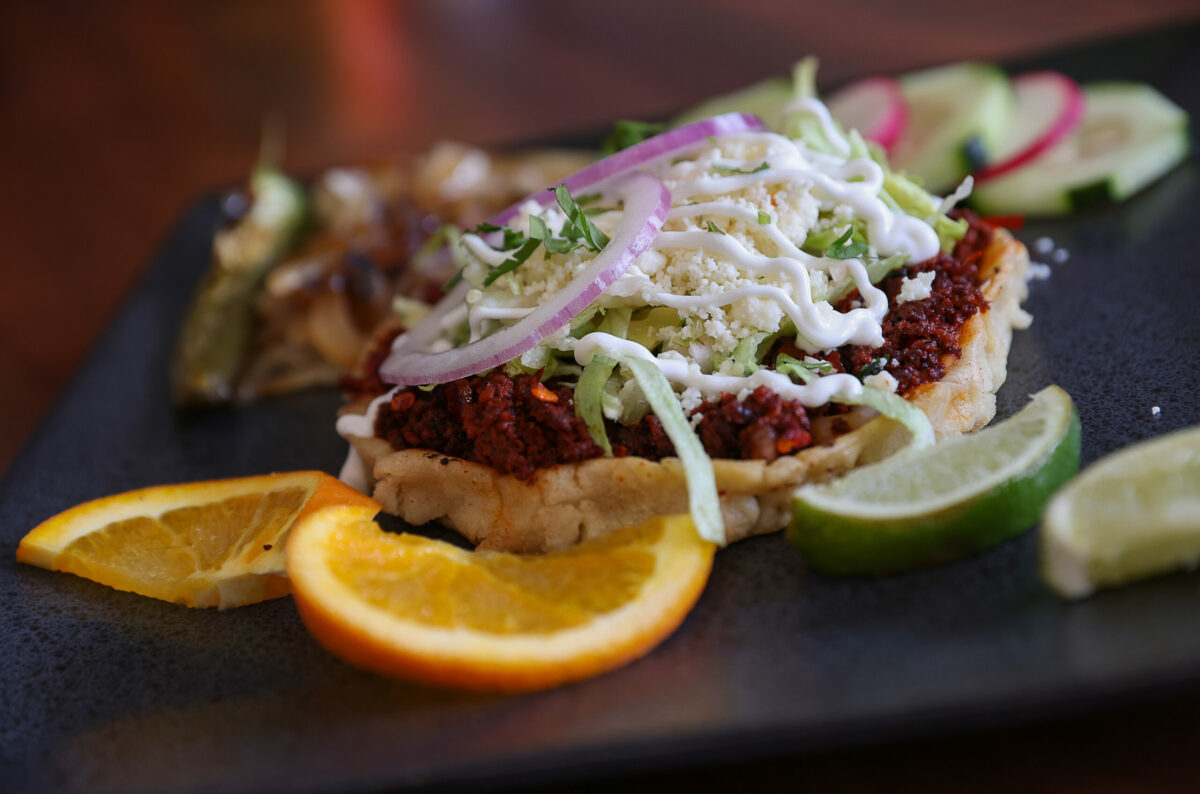 Sope, with chorizo, at El Fogon Taco Shop in Santa Rosa on Friday, April 14, 2023. (Christopher Chung/The Press Democrat)