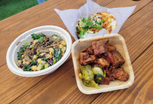 Maitake salad with chickpeas and burnt ends from Stateline Road Smokehouse at BottleRock 2023. (Heather Irwin/Sonoma Magazine)